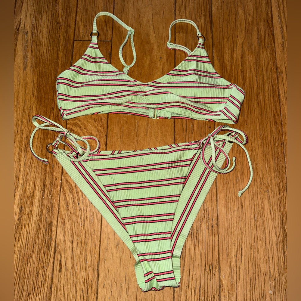 Aerie Green and Red Striped Bikini Set